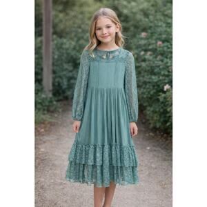 Mia Joy Girls Boho Lace Midi Dress Sage Green Long Slv Tiered Ruffle Sz 8 Cottag